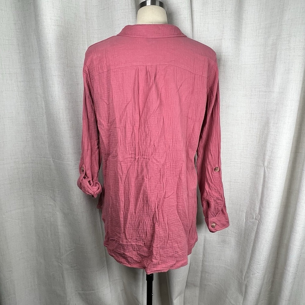 COMO VINTAGE Gauzy Roll-Tab Sleeve Button Up Tunic Top Textured Rose Pink‎ XL - Picture 5 of 11